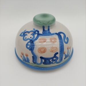 M.A. Hadley Butter or Cheese Dish Cow Serving Dish Stoneware Folk Art Pink Blue